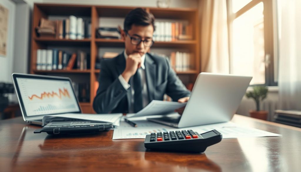 A focused, detailed scene representing the concept of "可貸額度". In the foreground, a professional-looking calculator sits on an elegant wooden desk, surrounded by spreadsheets and a laptop displaying financial graphs. In the middle ground, a thoughtful individual wearing business attire (a tailored suit) examines these documents, with a focused expression, symbolizing the process of calculating loan amounts based on monthly salary. In the background, a softly blurred office setting with bookshelves filled with financial literature and a window letting in warm, natural light, creating a calm, yet focused atmosphere. Overall, the composition conveys a sense of professionalism and clarity in financial decision-making.
