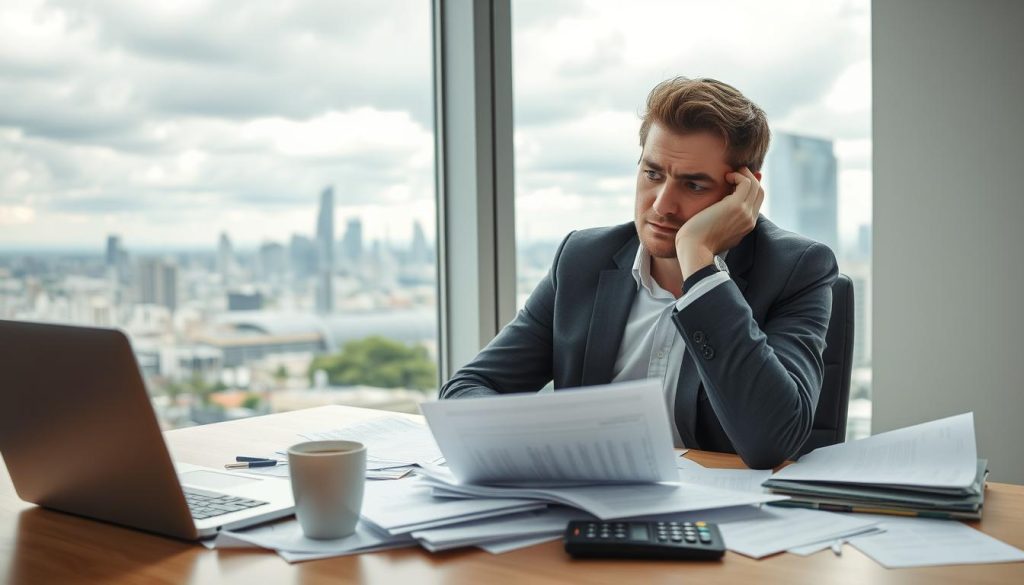 A frustrated young professional sitting at a desk cluttered with loan application papers and a laptop, with a thoughtful expression. In the background, a large window reveals a city skyline under a cloudy sky, enhancing the mood of uncertainty and concern. The desk features a coffee cup and a financial calculator, symbolizing a serious financial analysis. Soft, diffused natural light streams in, illuminating the scene and creating shadows that evoke a sense of introspection. The individual is dressed in smart casual attire, emphasizing the seriousness of the situation. The overall atmosphere conveys anxiety and determination, focusing on the theme of rejection in loan applications and the steps to address it.