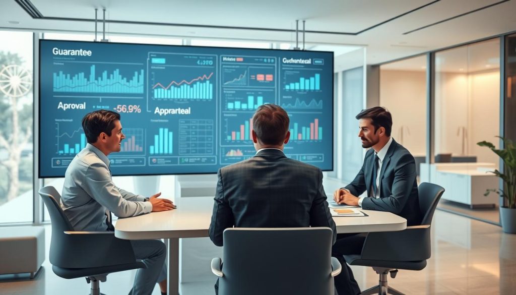 A highly detailed illustration depicting the concept of "bank auditing logic" in a professional setting. In the foreground, a diverse group of three business professionals, dressed in formal attire, engage in a discussion around a modern conference table, highlighting collaboration and analysis. The middle layer features a large digital screen displaying complex financial graphs, flowcharts, and the words "Guarantee" and "Approval" subtly incorporated into the visual data. In the background, the interior of a contemporary bank office is visible, with sleek furniture and large windows allowing natural light to flood the room. The atmosphere is focused and serious, with a light color palette that evokes a sense of professionalism and trust. The camera angle is slightly elevated, capturing the lively interaction while emphasizing the high-tech environment.