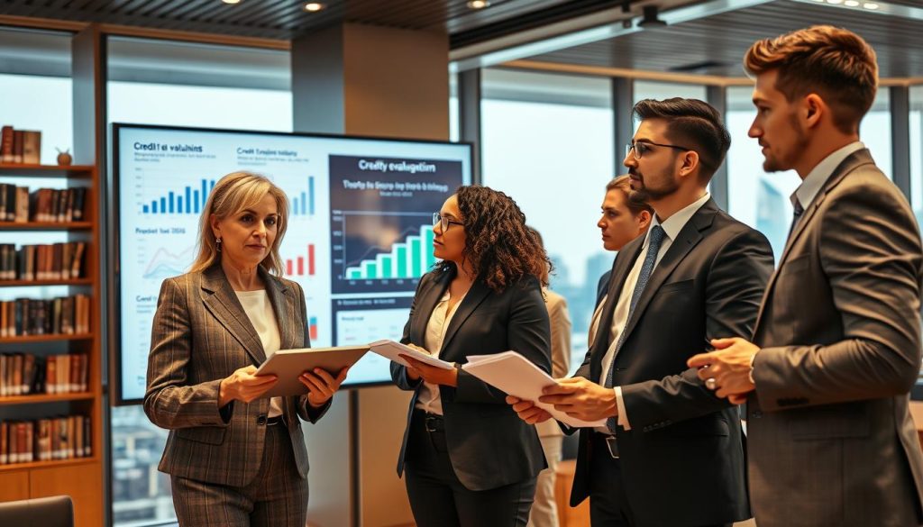 A modern bank office environment featuring a diverse group of professionals engaged in a discussion about the banking scoring mechanism and credit policies. In the foreground, a middle-aged woman in a tailored suit presents data on a tablet, while a young man in smart business attire takes notes. The middle ground shows a large digital screen displaying charts and graphs related to credit evaluation, with a sophisticated, sleek design. The background reveals shelves filled with financial books and a city skyline visible through large windows, suggesting a high-rise setting. Use warm, ambient lighting to create a collaborative atmosphere. Capture the scene from a slightly elevated angle to emphasize teamwork and analysis, while ensuring all individuals appear focused and engaged in the discussion.