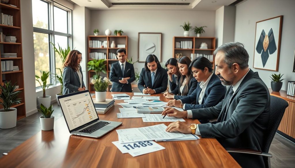 A modern bank office scene, focusing on a professional loan officer assessing loan applications. In the foreground, a diverse group of professionals in business attire is gathered around a sleek wooden desk covered with loan documents and a laptop displaying financial data. The middle ground features large windows with soft, natural light pouring in, illuminating the room decorated with potted plants and contemporary art. In the background, shelves filled with financial books and regulations give a sense of authority. The atmosphere is serious yet collaborative, emphasizing diligence and professionalism. Use a warm color palette to convey a welcoming ambiance, shot from a slightly low angle to highlight the importance of the loan process. Ensure the image is visually striking, encouraging the viewer to consider the detailed nature of loan approval.