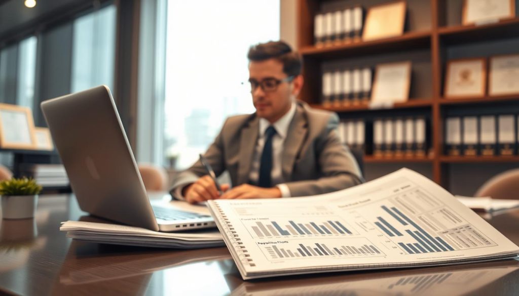 A modern bank office setting focused on a professional loan officer sharply dressed in business attire, sitting at a sleek desk with a laptop and financial documents spread out, analyzing graphs and charts on the screen. In the foreground, a close-up of a loan application form with financial metrics and credit scores, emphasizing the assessment of repayment capacity. In the middle, the officer is engaged in a detailed analysis, surrounded by soft, natural lighting coming from large windows, casting a professional and focused atmosphere. In the background, blurred shelves filled with financial books and certificates add a layer of depth and importance to the scene. The overall mood is serious and analytical, conveying the diligence required in evaluating loan applications.