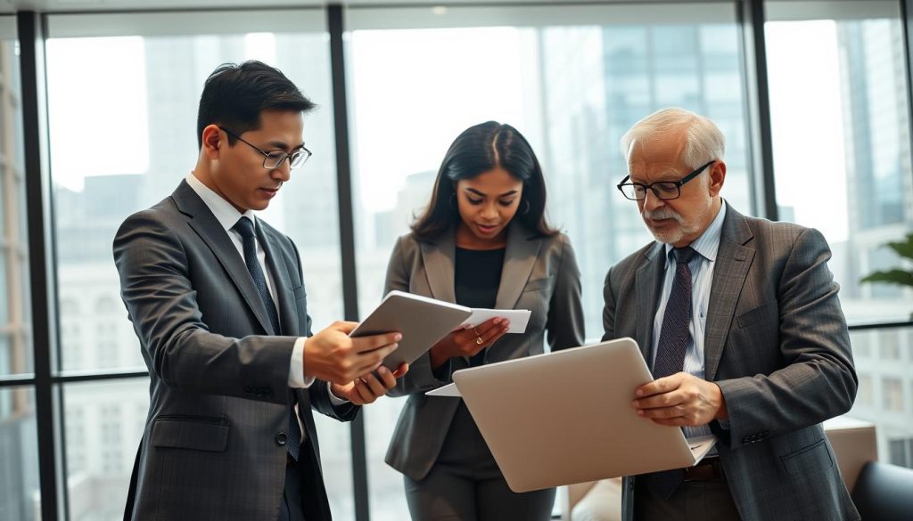 A modern bank office setting with a professional atmosphere, showcasing a diverse group of three business professionals engaged in a conversation about financial options. In the foreground, a middle-aged Asian man in a tailored suit points to a financial document on his tablet. In the middle, a young Black woman in a smart blazer takes notes, while an elderly Caucasian man in glasses analyzes charts on a laptop. The background features a large window with natural light streaming in, highlighting tall city buildings outside. The scene conveys a sense of collaboration and urgency, emphasizing the importance of understanding cyclical interest in the context of financial discussions. Soft, warm lighting enhances the mood, making it inviting yet serious, ideal for financial decision-making.