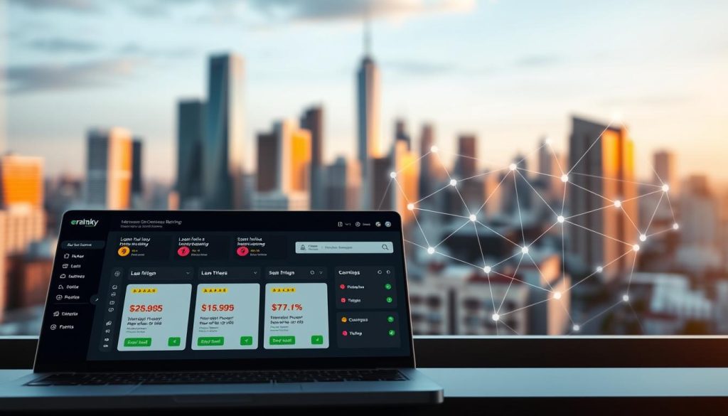 A modern digital interface showcasing a matchmaking platform for banking loans. In the foreground, a sleek, user-friendly dashboard displays various loan options alongside visual indicators for interest rates and terms. In the middle ground, an abstract representation of connections and networks symbolizing the matching process, with lines and nodes interlinked, illustrating the flow of information. The background features a blurred urban skyline, suggesting a vibrant financial district. The scene is bathed in soft, warm lighting, creating a professional and inviting atmosphere. Use a wide-angle lens for depth, highlighting the intricacies of the platform while maintaining an organized and clean composition, conveying the logical flow of a matchmaking service in finance. A modern digital interface showcasing a matchmaking platform for banking loans. In the foreground, a sleek, user-friendly dashboard displays various loan options alongside visual indicators for interest rates and terms. In the middle ground, an abstract representation of connections and networks symbolizing the matching process, with lines and nodes interlinked, illustrating the flow of information. The background features a blurred urban skyline, suggesting a vibrant financial district. The scene is bathed in soft, warm lighting, creating a professional and inviting atmosphere. Use a wide-angle lens for depth, highlighting the intricacies of the platform while maintaining an organized and clean composition, conveying the logical flow of a matchmaking service in finance.