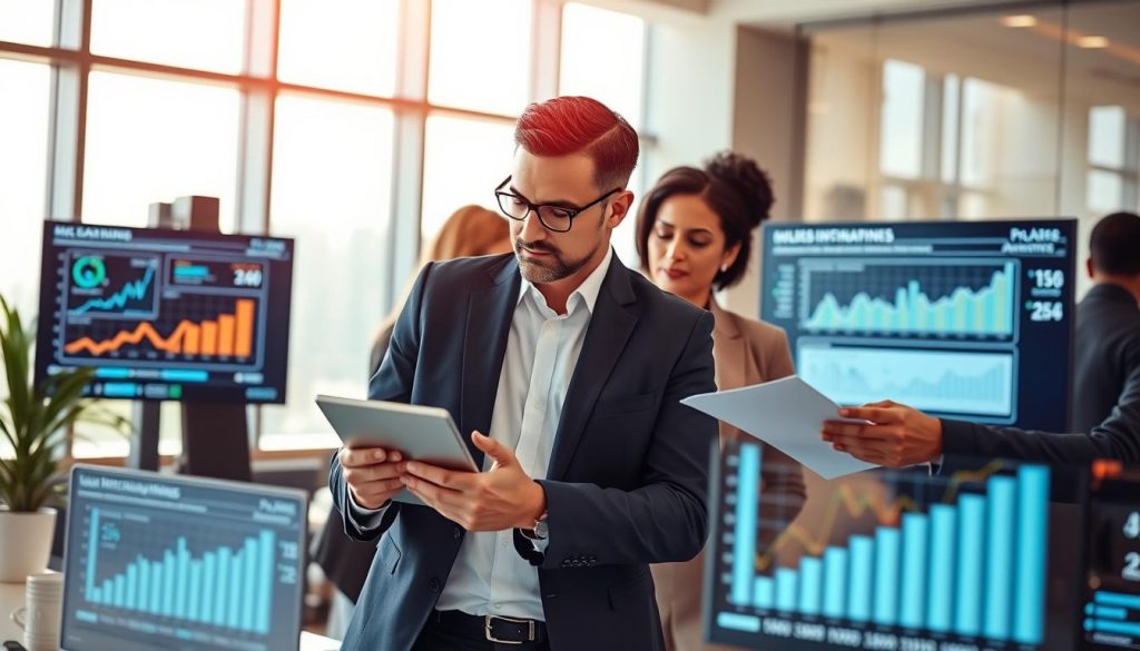 A modern digital workspace featuring a diverse group of professionals engaged in data analysis for a loan matching platform. In the foreground, two individuals in business attire, one analyzing data on a tablet, and the other reviewing documents. In the middle ground, graphical displays of loan data and metrics come to life on screens, showcasing charts and short-term financial analysis. The background shows a sleek office environment with large windows allowing natural light to flood in, casting soft shadows. The overall mood is focused and efficient, emphasizing quick decision-making. The color palette should be warm and inviting, balancing professionalism with an energetic atmosphere. The image should be clear, bright, and digitally enhanced to highlight the advanced technology in use.