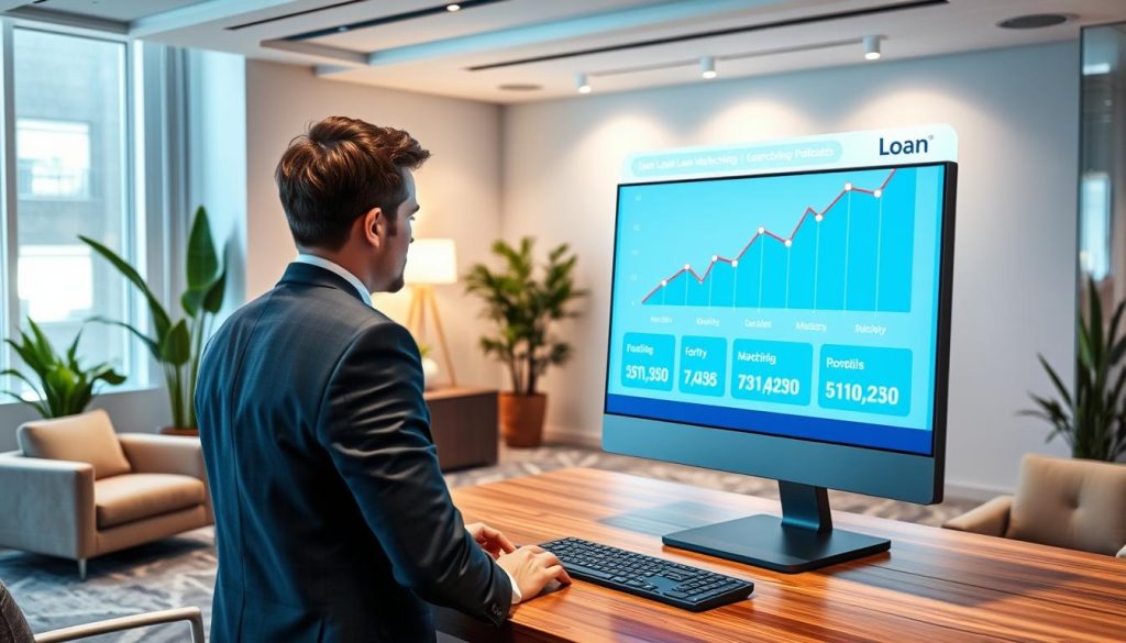 A modern financial workspace featuring a loan matchmaking platform interface on a sleek computer monitor, situated on a polished wooden desk. In the foreground, a professional individual, dressed in business attire, is intently engaged with the screen, analyzing loan options. The middle ground showcases a large wall-mounted digital chart depicting growth in loan matching statistics, exuding a sense of progress and professionalism. In the background, plush, contemporary office furniture and potted plants create a welcoming atmosphere, while soft, ambient lighting enhances the focus on the workspace. The overall mood is one of innovation and efficiency, capturing the essence of a loan matchmaking platform in a dynamic, modern setting. A modern financial workspace featuring a loan matchmaking platform interface on a sleek computer monitor, situated on a polished wooden desk. In the foreground, a professional individual, dressed in business attire, is intently engaged with the screen, analyzing loan options. The middle ground showcases a large wall-mounted digital chart depicting growth in loan matching statistics, exuding a sense of progress and professionalism. In the background, plush, contemporary office furniture and potted plants create a welcoming atmosphere, while soft, ambient lighting enhances the focus on the workspace. The overall mood is one of innovation and efficiency, capturing the essence of a loan matchmaking platform in a dynamic, modern setting.