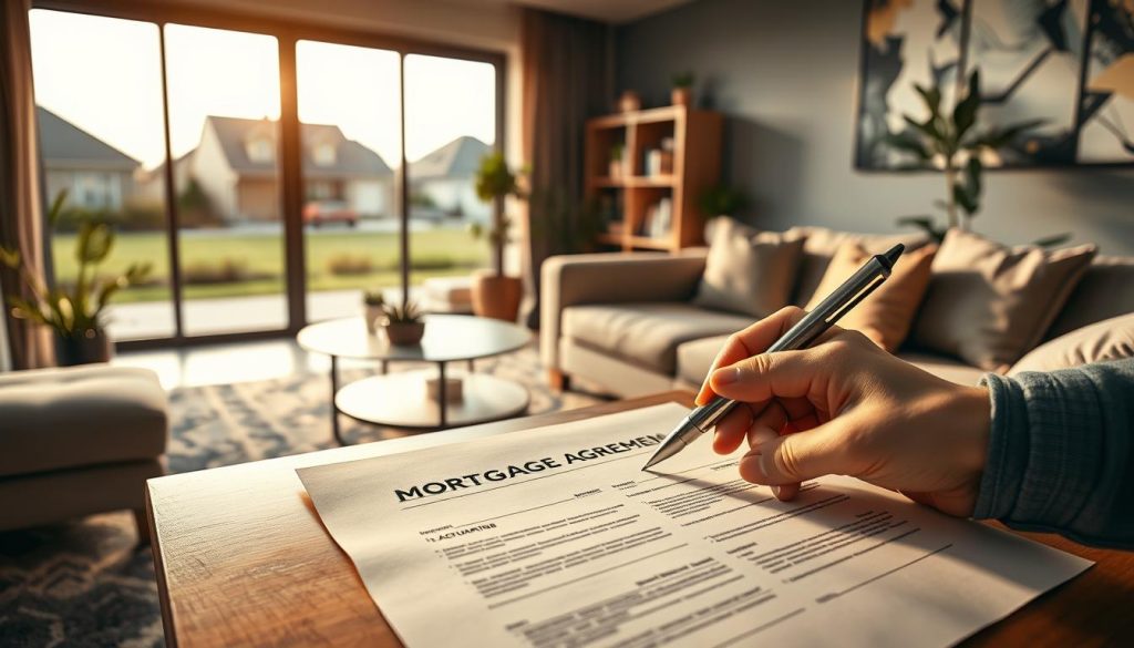 A modern home interior showcasing a cozy living room with a stylish sofa and a coffee table displaying mortgage documents, symbolizing "房屋抵押貸款." In the foreground, include a close-up of a hand holding a pen over a mortgage agreement. The middle ground features a well-lit room with large windows allowing natural light to flood in, decorated with houseplants and a bookshelf. In the background, a serene view of a suburban neighborhood can be seen through the windows. The atmosphere is business-oriented yet inviting, with warm lighting that creates a feeling of trust and stability. Capture the scene using a soft focus lens effect to emphasize the calmness, ensuring no people are included in the image. A modern home interior showcasing a cozy living room with a stylish sofa and a coffee table displaying mortgage documents, symbolizing "房屋抵押貸款." In the foreground, include a close-up of a hand holding a pen over a mortgage agreement. The middle ground features a well-lit room with large windows allowing natural light to flood in, decorated with houseplants and a bookshelf. In the background, a serene view of a suburban neighborhood can be seen through the windows. The atmosphere is business-oriented yet inviting, with warm lighting that creates a feeling of trust and stability. Capture the scene using a soft focus lens effect to emphasize the calmness, ensuring no people are included in the image.