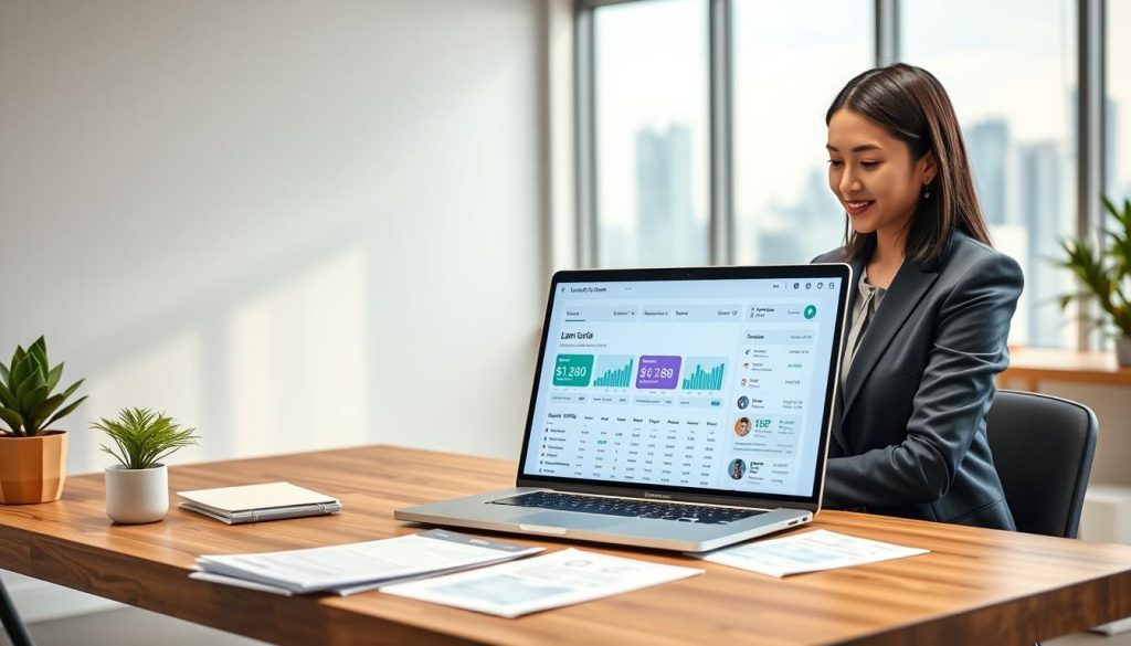 A modern loan matching platform interface displayed on a sleek laptop, positioned on a wooden desk adorned with financial documents and a plant. In the foreground, a professional-looking woman in business attire reviews the platform, her expression focused and determined. In the middle, the laptop screen showcases a vibrant, user-friendly dashboard with graphs and loan offers. The background features a minimalist office space with soft lighting, large windows letting in natural light, and a subtle cityscape visible outside. The overall atmosphere is one of professionalism, innovation, and accessibility, conveying the essence of loan matching services in Taiwan. A modern loan matching platform interface displayed on a sleek laptop, positioned on a wooden desk adorned with financial documents and a plant. In the foreground, a professional-looking woman in business attire reviews the platform, her expression focused and determined. In the middle, the laptop screen showcases a vibrant, user-friendly dashboard with graphs and loan offers. The background features a minimalist office space with soft lighting, large windows letting in natural light, and a subtle cityscape visible outside. The overall atmosphere is one of professionalism, innovation, and accessibility, conveying the essence of loan matching services in Taiwan.