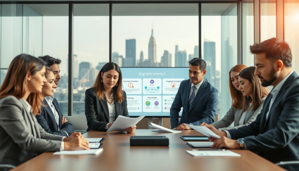 A modern office environment designed to convey regulatory oversight and compliance in the banking sector. In the foreground, a diverse group of professionals in business attire is gathered around a conference table, reviewing documents and discussing compliance requirements; their expressions are focused and engaged. In the middle ground, infographics and diagrams of regulatory frameworks are displayed on a large digital screen. The background features a glass wall with a city skyline, representing the dynamic banking landscape. Soft, natural light filters through the window, creating a professional and serious atmosphere. The image should convey a sense of collaboration and diligence in adhering to regulations. A modern office environment designed to convey regulatory oversight and compliance in the banking sector. In the foreground, a diverse group of professionals in business attire is gathered around a conference table, reviewing documents and discussing compliance requirements; their expressions are focused and engaged. In the middle ground, infographics and diagrams of regulatory frameworks are displayed on a large digital screen. The background features a glass wall with a city skyline, representing the dynamic banking landscape. Soft, natural light filters through the window, creating a professional and serious atmosphere. The image should convey a sense of collaboration and diligence in adhering to regulations.