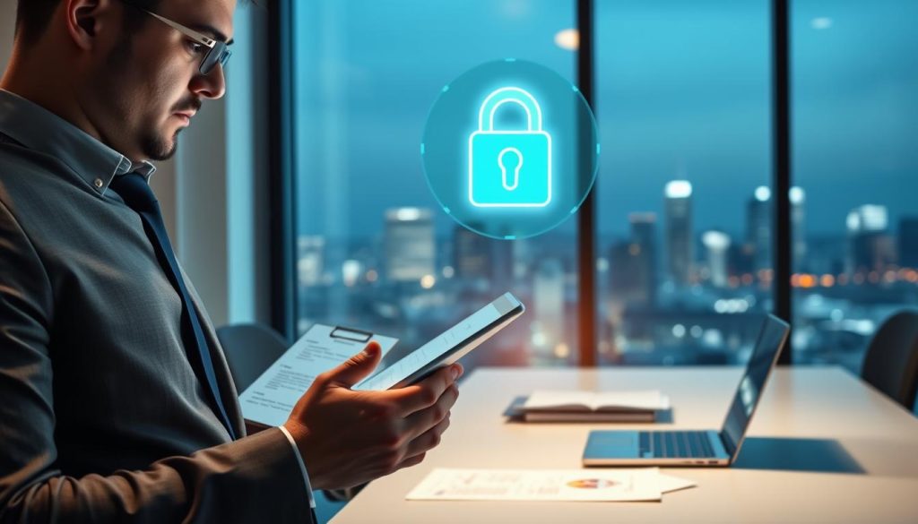 A modern office environment emphasizing data security and contract integrity. In the foreground, a business professional in smart attire is reviewing a digital tablet displaying a checklist illuminated by soft, focused lighting. The middle layer features a sleek desk with a laptop and documents, symbolizing contract details, along with a virtual padlock icon hovering above, representing personal data safety. The background showcases a window with a city skyline, suggesting transparency and high-tech solutions. The mood is serious yet hopeful, underscoring the importance of personal data security in modern transactions, with a professional ambiance that conveys trust and reliability.