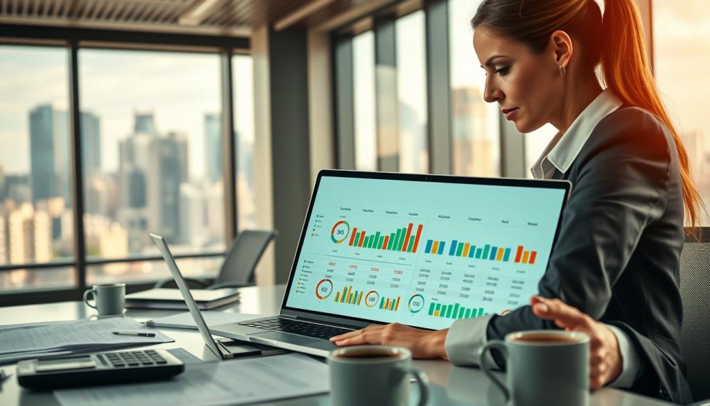 A modern office environment featuring a professional woman in business attire, intently analyzing a credit scoring chart on a sleek laptop. In the foreground, the laptop screen displays colorful graphs and numbers illustrating various credit scores and risk assessments. The middle ground includes a desk cluttered with financial documents, a calculator, and a cup of coffee. In the background, large windows allow natural light to flood the room, highlighting a bustling city skyline. The atmosphere is focused and determined, conveying the seriousness of credit assessment and risk management. Soft, warm lighting adds a sense of professionalism and clarity to the scene, while the camera angle is slightly overhead, emphasizing the subject's engagement with the data.