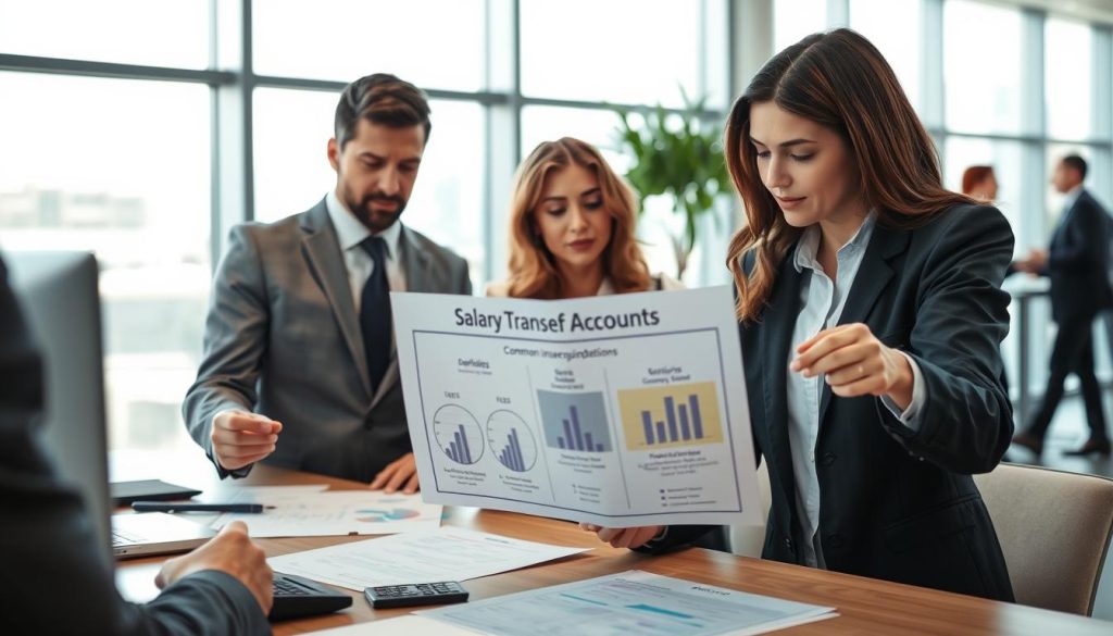 A modern office environment showcasing a diverse group of professionals discussing financial documents related to salary transfer accounts. In the foreground, a focused businesswoman in formal attire is examining a chart with diagrams illustrating the definition and types of salary transfer accounts. The middle ground features a confident businessman explaining common misconceptions, with additional financial graphs and calculators on the table. The background shows a sleek office with large windows letting in bright, natural light, creating a productive and collaborative atmosphere. The overall mood is informative and professional, emphasizing clarity and understanding in financial matters. The image captures a close-up angle, ensuring the subjects and their activities are clearly visible without any text or distractions.