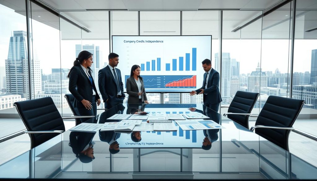 A modern office environment showcasing the concept of corporate independence. In the foreground, a diverse group of three business professionals in smart attire, deeply engaged in a discussion over financial documents on a glass conference table. The middle layer features a large digital screen displaying graphs and charts representing company credit and independence, symbolizing the distinction between a corporation and its responsible individuals. In the background, large windows reveal a bustling cityscape, emphasizing the dynamic nature of business. Soft, natural light filters through, creating a professional yet approachable atmosphere. The composition should evoke a sense of clarity and professionalism, focusing on collaboration and corporate responsibility. A modern office environment showcasing the concept of corporate independence. In the foreground, a diverse group of three business professionals in smart attire, deeply engaged in a discussion over financial documents on a glass conference table. The middle layer features a large digital screen displaying graphs and charts representing company credit and independence, symbolizing the distinction between a corporation and its responsible individuals. In the background, large windows reveal a bustling cityscape, emphasizing the dynamic nature of business. Soft, natural light filters through, creating a professional yet approachable atmosphere. The composition should evoke a sense of clarity and professionalism, focusing on collaboration and corporate responsibility.