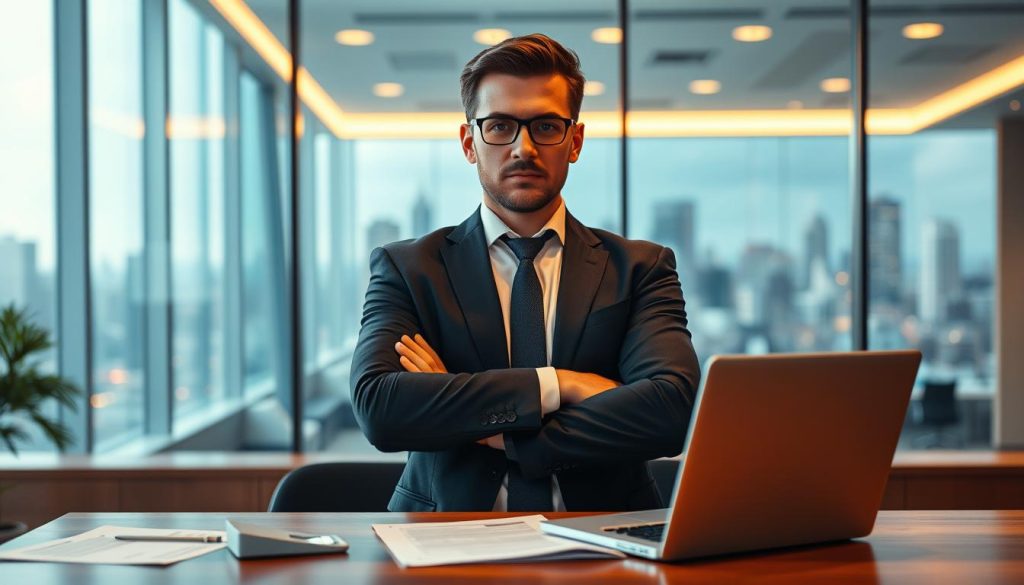 A modern office scene depicting a confident business professional in formal attire, standing with arms crossed. The foreground features a polished wooden desk with scattered documents and a laptop opened to a generic digital form. In the middle ground, a sleek glass wall shows a blurred cityscape, representing ambition and opportunity. The background is softly illuminated with warm light from large windows, creating an inviting atmosphere. The mood conveys determination and assurance, reflecting the idea of guarantees in business dealings. Use a slightly elevated camera angle to capture the professional's expression of certainty, emphasizing the theme of assurance in the context of bureaucracy. Avoid any distractions in the scene for a focused composition.
