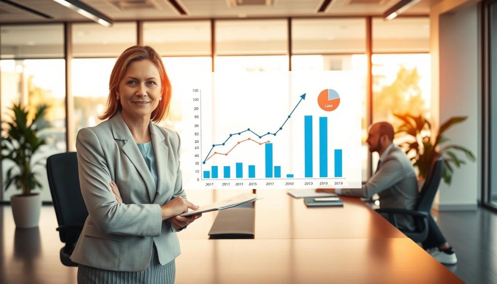 A modern office setting emphasizing the concept of increasing loan approval rates. In the foreground, a confident middle-aged businesswoman dressed in professional attire is engaged in a discussion with a financial advisor, who is analyzing documents on a sleek wooden desk. In the middle, a visual display showcases upward trending graphs and pie charts representing loan statistics. The background features large windows with natural light streaming in, enhancing a sense of optimism and productivity. The atmosphere is professional yet inviting, conveying a sense of collaboration and strategy. Warm lighting accents the scene, creating a friendly environment. The lens captures the interaction dynamically, highlighting the importance of effective negotiation and strategic planning in financial discussions.
