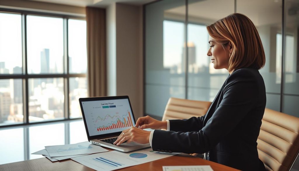 A modern office setting featuring a professional woman in business attire analyzing cash flow documents on her desk, surrounded by graphs and charts that illustrate financial growth. In the foreground, she is focused on a laptop screen displaying colorful cash flow projections. The middle ground shows a large window with natural light streaming in, creating a bright and optimistic atmosphere. In the background, a city skyline can be seen through the window, emphasizing the concept of financial opportunities. The lighting is warm and inviting, highlighting the professionalism of the scene. The overall mood is one of empowerment and strategic planning, capturing the essence of financial management in a business context. A modern office setting featuring a professional woman in business attire analyzing cash flow documents on her desk, surrounded by graphs and charts that illustrate financial growth. In the foreground, she is focused on a laptop screen displaying colorful cash flow projections. The middle ground shows a large window with natural light streaming in, creating a bright and optimistic atmosphere. In the background, a city skyline can be seen through the window, emphasizing the concept of financial opportunities. The lighting is warm and inviting, highlighting the professionalism of the scene. The overall mood is one of empowerment and strategic planning, capturing the essence of financial management in a business context.
