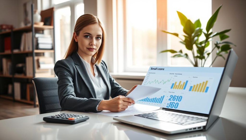 A modern office setting illuminated by soft, natural light filtering through large windows. In the foreground, a confident businesswoman in professional attire sits at a sleek desk, reviewing financial documents related to small loans. Her expression conveys focus and determination. In the middle ground, a calculator and a laptop display charts and graphs illustrating loan amounts, emphasizing financial planning. Behind her, bookshelves filled with financial literature and a potted plant add a touch of professionalism and warmth to the scene. The mood is one of empowerment and responsibility, reflecting the importance of informed financial choices. The angle captures a slight side view of the businesswoman, highlighting her engagement with the task at hand while keeping the environment tidy and inspiring. A modern office setting illuminated by soft, natural light filtering through large windows. In the foreground, a confident businesswoman in professional attire sits at a sleek desk, reviewing financial documents related to small loans. Her expression conveys focus and determination. In the middle ground, a calculator and a laptop display charts and graphs illustrating loan amounts, emphasizing financial planning. Behind her, bookshelves filled with financial literature and a potted plant add a touch of professionalism and warmth to the scene. The mood is one of empowerment and responsibility, reflecting the importance of informed financial choices. The angle captures a slight side view of the businesswoman, highlighting her engagement with the task at hand while keeping the environment tidy and inspiring.
