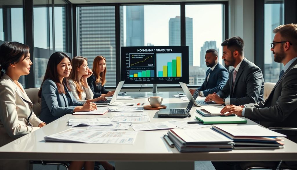A modern office setting showcasing "non-bank financial institutions." In the foreground, a diverse group of professionals in business attire, including a woman of Asian descent and a man of African descent, engage in a discussion around a sleek conference table cluttered with financial documents and laptops. In the middle ground, charts and graphs depicting loan types like peer-to-peer and microfinance are displayed on a screen. The background features large windows with a cityscape view, bathed in bright, natural lighting to evoke optimism and professionalism. The overall mood is focused yet approachable, emphasizing the importance of understanding alternative lending options. The composition captures an atmosphere of collaboration and finance, free from distractions or text.