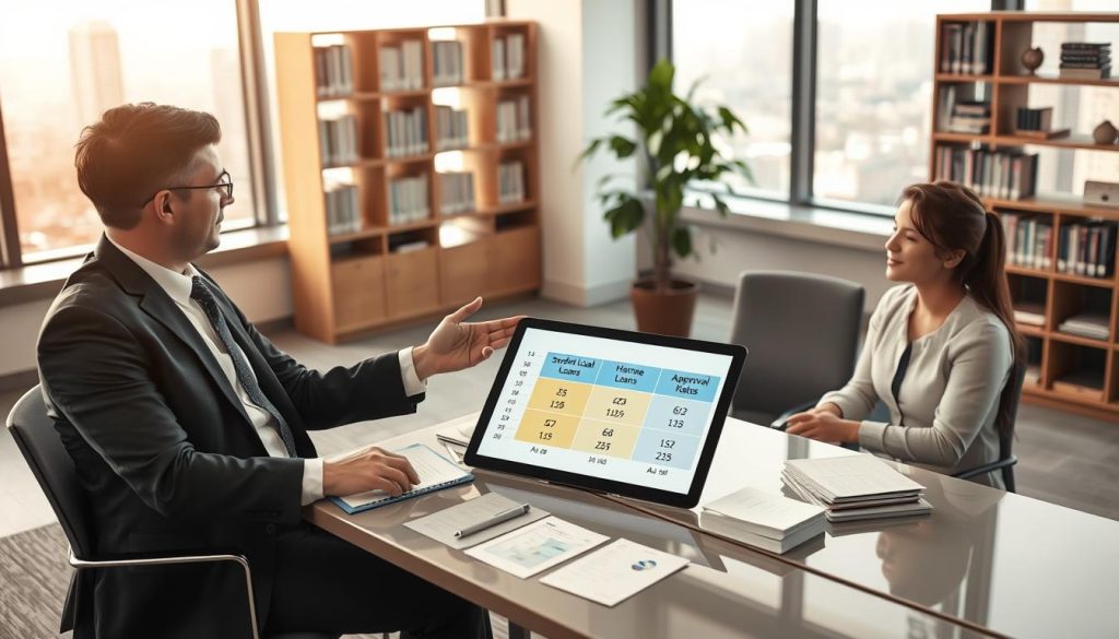 A modern office setting where a financial advisor, dressed in a professional suit, is sitting across from a young student in casual business attire, discussing loan options. The advisor gestures toward a chart on a digital tablet that displays contrasting approval probabilities for student loans, home loans, and auto loans. The scene includes a sleek desk with financial documents scattered around, a large window revealing a city skyline, and soft, warm lighting to create an inviting atmosphere. In the background, there are bookshelves filled with financial literature and a potted plant to add a touch of greenery. The focus is on the interaction and the visuals of the approval rates, illustrating the impact of student loans on other types of loan approval. A modern office setting where a financial advisor, dressed in a professional suit, is sitting across from a young student in casual business attire, discussing loan options. The advisor gestures toward a chart on a digital tablet that displays contrasting approval probabilities for student loans, home loans, and auto loans. The scene includes a sleek desk with financial documents scattered around, a large window revealing a city skyline, and soft, warm lighting to create an inviting atmosphere. In the background, there are bookshelves filled with financial literature and a potted plant to add a touch of greenery. The focus is on the interaction and the visuals of the approval rates, illustrating the impact of student loans on other types of loan approval.