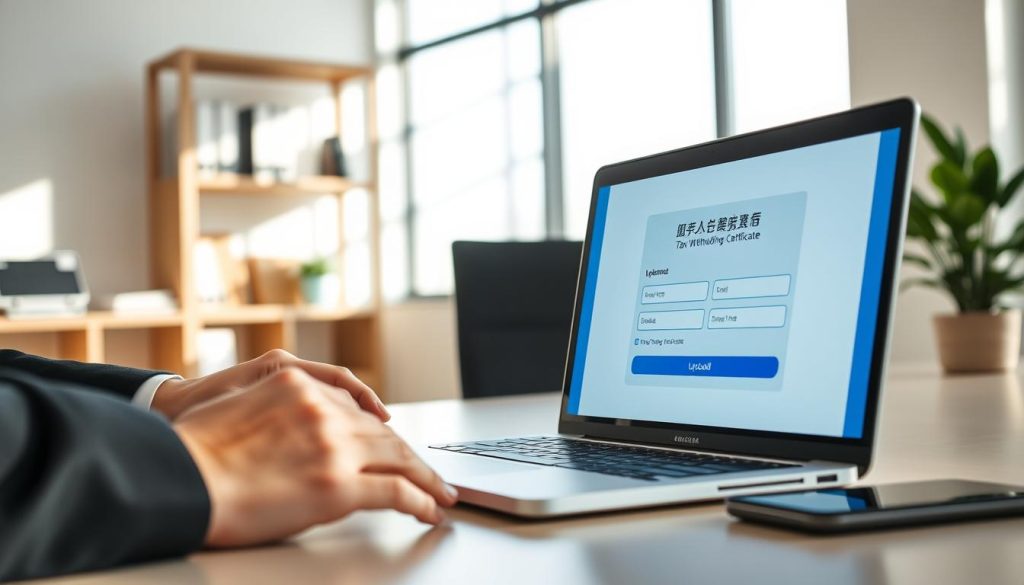 A modern office setting, with a clean, organized desk featuring a laptop displaying a digital loan application interface. In the foreground, a close-up of hands, dressed in professional business attire, carefully uploading a tax withholding certificate (扣繳憑單) onto the laptop screen. The middle ground shows a large window letting in soft, natural light that casts gentle shadows, enhancing the business atmosphere. In the background, shelves filled with financial books and a potted plant add a touch of professionalism. The overall mood is focused and productive, emphasizing clarity and attention to detail in the digital loan application process. The scene is captured with a soft-focus lens effect, highlighting the act of uploading documents while maintaining an inviting workspace. A modern office setting, with a clean, organized desk featuring a laptop displaying a digital loan application interface. In the foreground, a close-up of hands, dressed in professional business attire, carefully uploading a tax withholding certificate (扣繳憑單) onto the laptop screen. The middle ground shows a large window letting in soft, natural light that casts gentle shadows, enhancing the business atmosphere. In the background, shelves filled with financial books and a potted plant add a touch of professionalism. The overall mood is focused and productive, emphasizing clarity and attention to detail in the digital loan application process. The scene is captured with a soft-focus lens effect, highlighting the act of uploading documents while maintaining an inviting workspace.