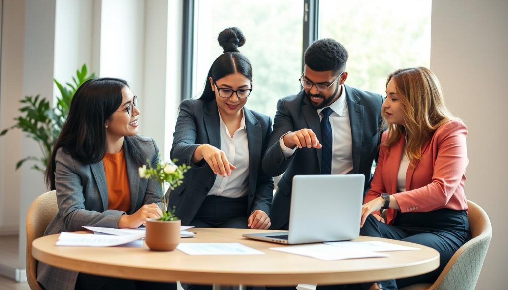 A modern office setting with a diverse group of three individuals—two women and one man—engaged in a discussion about financial planning. The foreground features a round table with documents, a laptop, and a plant, conveying a sense of collaboration. In the middle, the individuals, dressed in professional business attire, are pointing at a graph on the laptop screen, exhibiting expressions of concentration and determination. The background includes a large window, allowing natural light to illuminate the space, enhancing the atmosphere of professionalism and optimism. The focus is on their thoughtful engagement and the importance of understanding personal finance needs as they consider applying for credit loans. The overall mood is constructive and proactive, emphasizing financial empowerment.