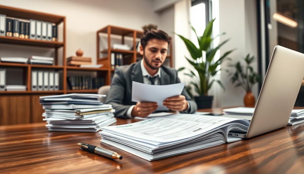 A modern office setting with a polished wooden desk in the foreground, featuring organized stacks of financial documents, a closed laptop, and a stylish pen. In the middle ground, include a professional-looking individual in business attire, intently reviewing a loan application form, with a thoughtful expression. The background should show shelves lined with financial books and a potted plant, exuding a sense of stability and growth. Soft, warm lighting streams in from a nearby window, creating a welcoming atmosphere. The angle should be slightly elevated, providing a clear view of the subject and their work environment. The overall mood should convey professionalism and a sense of urgency, reflecting the importance of loan applications.