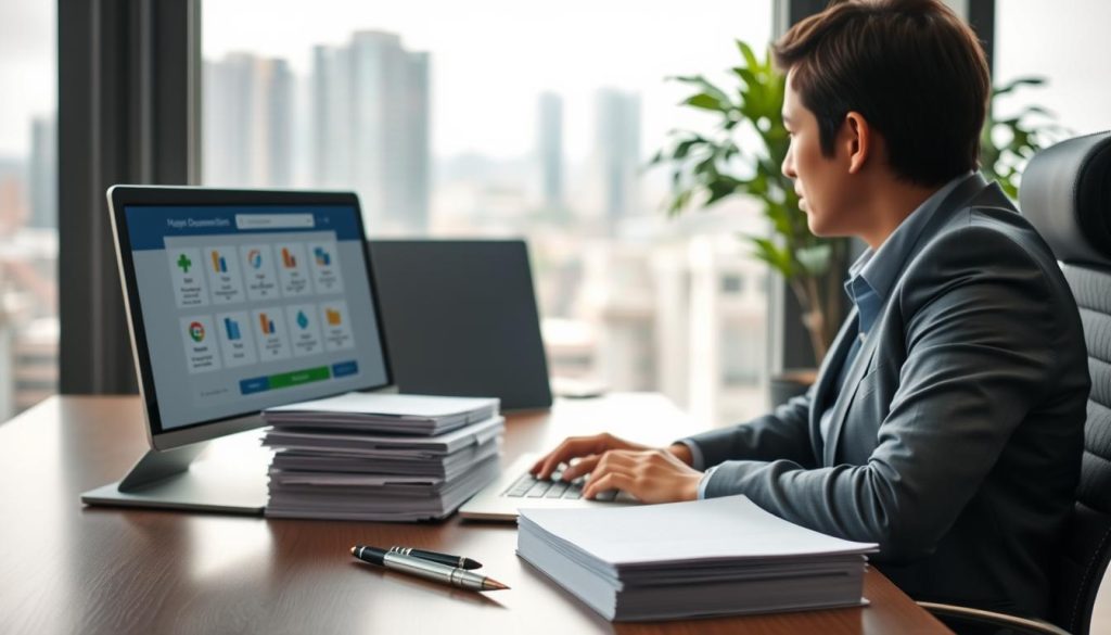 A modern office setting with a professional individual dressed in business attire, sitting at a sleek desk working on a laptop. The foreground features the computer screen displaying an interface for online document submission, showing neatly organized files and a digital progress bar indicating the submission process. In the middle, there are stacks of well-organized paperwork and a stylish pen, symbolizing document preparation. The background includes soft, diffused lighting coming from a large window, offering a view of a city skyline, creating a productive and focused atmosphere. The overall mood is one of efficiency and professionalism, with a clean and minimalist aesthetic.