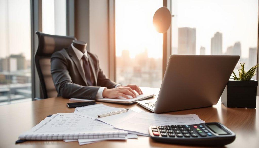 A modern office setting with a young professional, a man in formal business attire, seated at a sleek desk with a laptop open in front of him. He is focused on calculating financial figures, with a notepad filled with numbers beside him. The background features a large window that provides a view of a city skyline bathed in soft, natural light, creating a warm and inviting atmosphere. In the foreground, an assortment of financial documents and a calculator are neatly arranged, emphasizing the theme of monthly expenses and debt management. The image should convey a sense of determination and clarity, showcasing the importance of financial planning with a calm and professional mood.