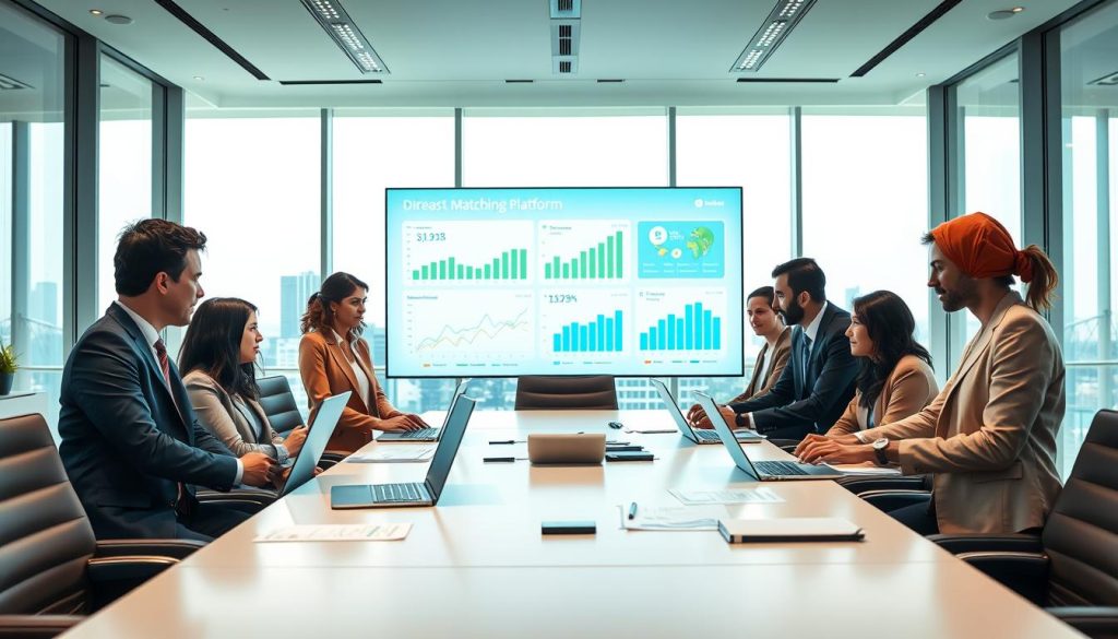 A modern, well-designed office space illustrating the concept of a loan matching platform. In the foreground, a diverse group of professionals in smart business attire is engaged in a discussion around a sleek conference table filled with laptops and financial documents. The middle ground features a large digital display showing graphs and statistics related to loan matching services. In the background, large windows let in natural light, showcasing a city skyline. The atmosphere is focused and collaborative, with a slight warmth in the lighting to convey a sense of trust and professionalism. The perspective is slightly elevated, offering a balanced view of the room's layout. A modern, well-designed office space illustrating the concept of a loan matching platform. In the foreground, a diverse group of professionals in smart business attire is engaged in a discussion around a sleek conference table filled with laptops and financial documents. The middle ground features a large digital display showing graphs and statistics related to loan matching services. In the background, large windows let in natural light, showcasing a city skyline. The atmosphere is focused and collaborative, with a slight warmth in the lighting to convey a sense of trust and professionalism. The perspective is slightly elevated, offering a balanced view of the room's layout.