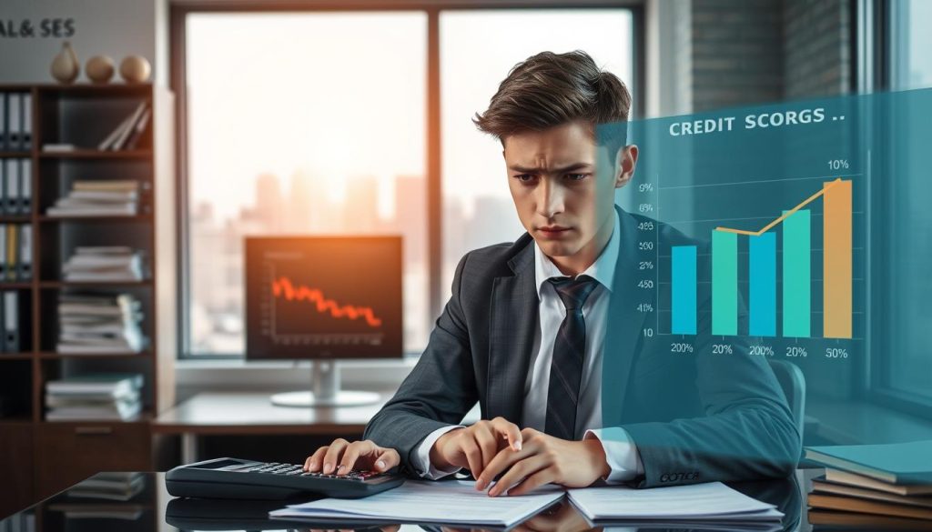 A multi-layered scene depicting the impact of insufficient work experience on loan application outcomes. In the foreground, a worried young professional, dressed in smart business attire, is seated at a desk with a loan application form and a calculator. Their expression shows concern and uncertainty. In the middle ground, a digital screen displays a credit scoring chart that indicates low scores, with visuals of declining percentages. The background features a modern office setting with shelves of financial books and a window revealing a cityscape under soft, natural lighting. The atmosphere conveys a sense of anxiety and the weight of financial decisions, emphasizing the importance of work experience in credit evaluation.
