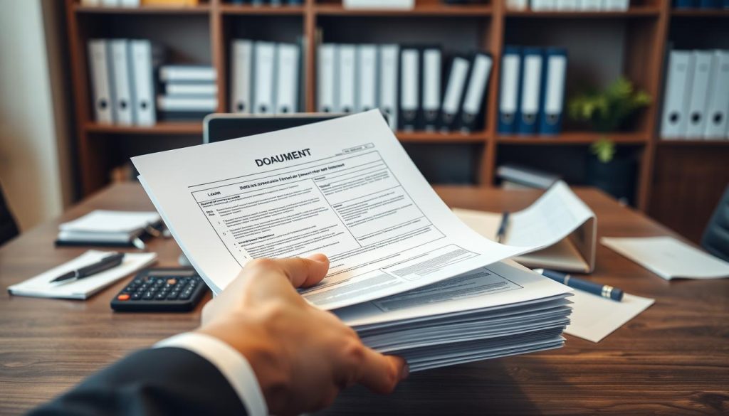 A neatly arranged desk in a professional office setting, featuring a stack of polished loan documents symbolizing financial planning. In the foreground, a pair of hands, dressed in business attire, is reviewing the top document, emphasizing an engaged and responsible approach to loan applications. The middle ground showcases a laptop open with a spreadsheet, alongside a calculator and a pen ready for notes. In the background, a blurred bookshelf filled with finance books adds depth, while soft lighting casts a warm and inviting atmosphere. The angle should be slightly tilted, focusing on the documents and hands, to convey a sense of action and diligence in preparing necessary financial documentation. The overall mood is one of focus and professionalism, ideal for illustrating the loan application process.