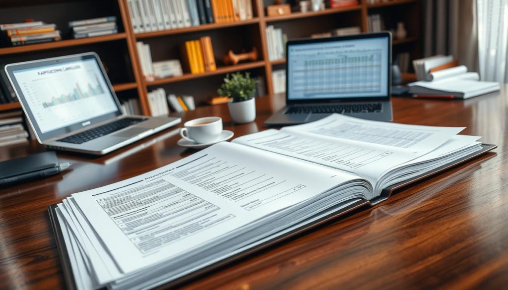 A neatly organized workspace featuring various "申請文件" (application documents) laid out on a polished wooden desk. The foreground showcases an open folder filled with neatly stacked forms, loan applications, and a checklist. In the middle, there's a laptop displaying a financial spreadsheet, along with a cup of coffee and a small potted plant. The background features shelves filled with books on finance and personal loans, softly illuminated by natural light coming from a nearby window. The atmosphere is professional and calm, evoking a sense of preparedness and focus. The angle is slightly overhead, providing a clear view of the workspace and its contents, emphasizing organization and readiness for a loan application process.