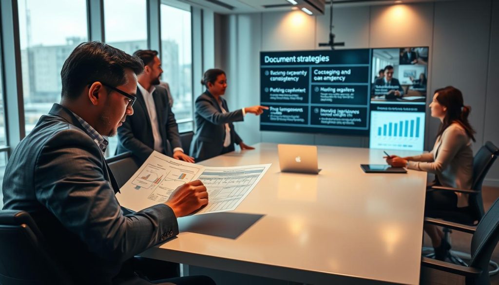 A polished office environment showcasing a diverse group of professionals engaged in a strategy meeting around a sleek conference table. In the foreground, a focused individual in professional attire studies a detailed document labeled with financial charts and timelines. In the middle ground, two colleagues discuss strategies, pointing at a digital presentation on a large screen illustrating key concepts of document consistency and timeliness. The background features large windows with natural light pouring in, casting a warm glow over the scene. The overall atmosphere is dynamic yet serious, highlighting the importance of effective strategies in improving loan approval rates. Use soft, diffused lighting to enhance a collaborative mood, captured from a medium-angle perspective. A polished office environment showcasing a diverse group of professionals engaged in a strategy meeting around a sleek conference table. In the foreground, a focused individual in professional attire studies a detailed document labeled with financial charts and timelines. In the middle ground, two colleagues discuss strategies, pointing at a digital presentation on a large screen illustrating key concepts of document consistency and timeliness. The background features large windows with natural light pouring in, casting a warm glow over the scene. The overall atmosphere is dynamic yet serious, highlighting the importance of effective strategies in improving loan approval rates. Use soft, diffused lighting to enhance a collaborative mood, captured from a medium-angle perspective.