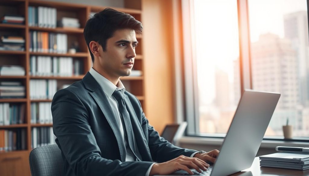 A professional and contemplative scene set in a modern office environment. In the foreground, a business person in professional attire, looking thoughtfully at a laptop screen that displays various loan application documents. The person's expression conveys curiosity and concern, symbolizing the question of whether personal application is necessary. In the middle ground, a large window reveals a cityscape, bathed in soft, natural light that illuminates the office. The background features a bookshelf filled with financial books and guides, adding depth to the setting. The mood is serious yet hopeful, highlighting the act of pondering important financial decisions. The image should use a shallow depth of field to focus on the individual, with soft bokeh effects in the background to create an engaging atmosphere.