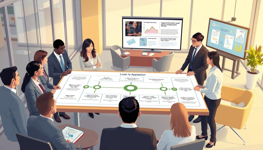 A professional and informative illustration of a small loan application process. In the foreground, depict a diverse group of people in professional business attire engaging in discussions around a large, detailed flowchart that outlines each step of the application process, from assessment to disbursement. In the middle, display a modern office environment with sleek furniture and large windows letting in soft natural light. In the background, show a digital screen with graphics related to loan approval criteria. The overall mood should convey clarity and professionalism, emphasizing teamwork and guidance in financial decision-making. Use a balanced composition and a warm color palette to create an inviting atmosphere. A professional and informative illustration of a small loan application process. In the foreground, depict a diverse group of people in professional business attire engaging in discussions around a large, detailed flowchart that outlines each step of the application process, from assessment to disbursement. In the middle, display a modern office environment with sleek furniture and large windows letting in soft natural light. In the background, show a digital screen with graphics related to loan approval criteria. The overall mood should convey clarity and professionalism, emphasizing teamwork and guidance in financial decision-making. Use a balanced composition and a warm color palette to create an inviting atmosphere.