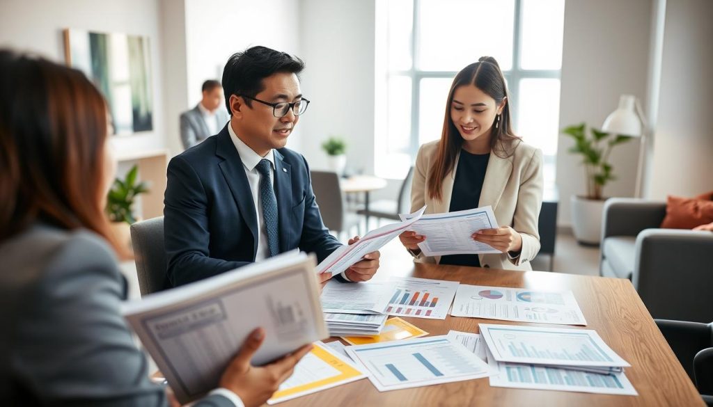 A professional and inviting office setting, featuring a diverse group of individuals engaging in a discussion about financial documents and loan applications. In the foreground, a middle-aged Asian man dressed in business attire is holding a folder with financial statements, looking engaged and explaining to a young woman in smart casual attire, who is taking notes. In the middle, a table is adorned with an array of color-coded documents illustrating credit history and income proof. In the background, a large window lets in natural light, creating a warm and productive atmosphere, while modern office furniture adds a touch of professionalism. The mood is collaborative and focused, reflecting a serious yet optimistic approach to financial discussions, with an emphasis on preparation and understanding of creditworthiness. A professional and inviting office setting, featuring a diverse group of individuals engaging in a discussion about financial documents and loan applications. In the foreground, a middle-aged Asian man dressed in business attire is holding a folder with financial statements, looking engaged and explaining to a young woman in smart casual attire, who is taking notes. In the middle, a table is adorned with an array of color-coded documents illustrating credit history and income proof. In the background, a large window lets in natural light, creating a warm and productive atmosphere, while modern office furniture adds a touch of professionalism. The mood is collaborative and focused, reflecting a serious yet optimistic approach to financial discussions, with an emphasis on preparation and understanding of creditworthiness.