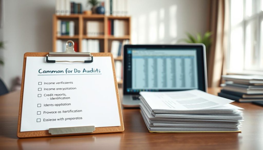 A professional and organized workspace showcasing a checklist and essential documents for loan application audits. In the foreground, a well-organized desk featuring a clipboard with bullet points for common audit documents like income verification, credit reports, and identification. A neatly stacked folder of papers reflects preparation tips. In the middle ground, a laptop displays a spreadsheet filled with financial data. The background features a soft-focus bookshelf filled with books related to finance and business. The scene is brightly lit with natural light streaming through a window, creating an inviting and productive atmosphere. The overall mood conveys professionalism and clarity, suitable for professionals preparing for loan audits.
