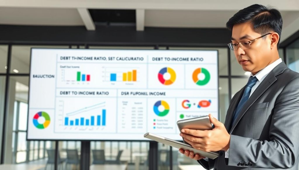A professional and visually engaging infographic representing the concepts of debt-to-income ratio, debt service ratio, and disposable income calculations. In the foreground, a well-dressed consultant, a middle-aged Asian man in a suit, is analyzing financial charts on a digital tablet, showcasing graphs and numbers. In the middle ground, a large digital screen displays clear visuals of the debt-to-income ratio and DSR calculations, with colorful pie charts and flowcharts. The background features a modern office with large windows, allowing natural light to illuminate the space, creating a bright and focused atmosphere. The overall mood is analytical and informative, emphasizing clarity and professionalism without any text or distractions. A professional and visually engaging infographic representing the concepts of debt-to-income ratio, debt service ratio, and disposable income calculations. In the foreground, a well-dressed consultant, a middle-aged Asian man in a suit, is analyzing financial charts on a digital tablet, showcasing graphs and numbers. In the middle ground, a large digital screen displays clear visuals of the debt-to-income ratio and DSR calculations, with colorful pie charts and flowcharts. The background features a modern office with large windows, allowing natural light to illuminate the space, creating a bright and focused atmosphere. The overall mood is analytical and informative, emphasizing clarity and professionalism without any text or distractions.
