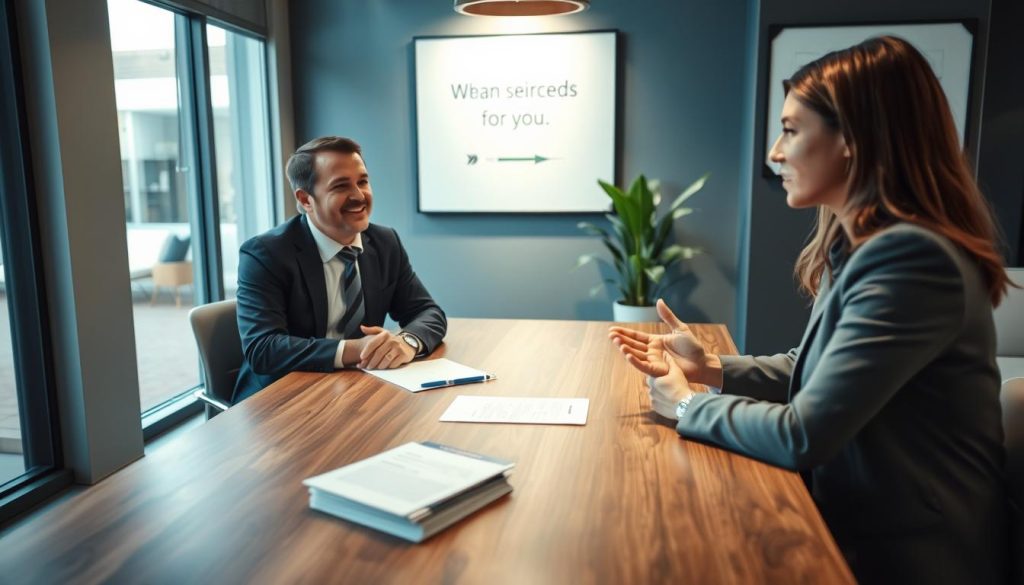A professional and warm interview setting that depicts a loan consultation. In the foreground, a loan officer dressed in smart business attire, attentively listening to a client situated across a sleek wooden table. The client, also in professional attire, is expressing their ideas confidently, gesturing slightly. In the middle, soft, ambient lighting creates an inviting atmosphere, highlighting the expressions of both individuals. A stack of documents and a pen are neatly arranged on the table, symbolizing organization and clarity. In the background, a modern, stylish office with motivational wall art and a potted plant contributes to a professional environment, suggesting trust and collaboration. The angle captures a slight overhead view, emphasizing the communication between the two, with a focus on their engagement and interaction.