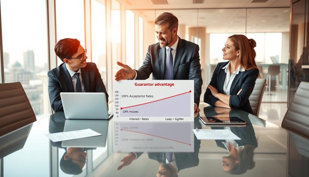 A professional bank meeting scene illustrating the concept of "guarantor advantage." In the foreground, a diverse group of three business professionals dressed in smart business attire, two men and one woman, are discussing at a sleek conference table with documents and a laptop open. In the middle, a male bank officer gestures towards a chart displaying interest rate decreases and loan acceptance rates, emphasizing the positive impact of having a guarantor. The background features a bright, modern bank office with large windows showing a city skyline, warm natural light streaming in, creating a professional and optimistic atmosphere. The overall mood conveys trust and collaboration, reflecting the advantages of a guarantor in securing bank loans.