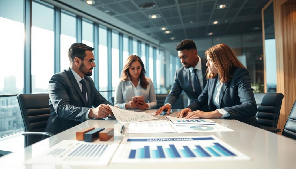 A professional bank office environment focused on loan approval logic. In the foreground, a diverse group of two well-dressed bank professionals, one man and one woman in business attire, are engaged in discussion over documents on a sleek, modern desk. The middle ground features charts and graphs illustrating financial criteria and loan approval algorithms, enhancing the analysis theme. The background shows a large window with city skyline views, bright sunlight filtering in, creating a warm yet serious atmosphere. The setting conveys a sense of professionalism and trust, ideal for understanding the processes involved in credit loan evaluations. Soft focus on the background adds depth, emphasizing the professionals in action.