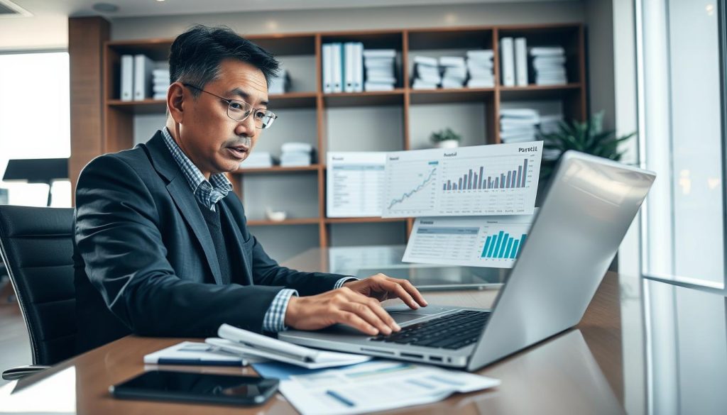 A professional bank office interior, featuring a financial analyst sitting at a desk, reviewing payroll details and bank statements on a sleek laptop. The foreground shows the analyst, a middle-aged Asian man in business attire, focused on the screen with papers scattered around him. In the middle, a clear view of the laptop screen displaying charts and spreadsheets related to salary accounts. The background reveals shelves with financial reports and a large window letting in soft, natural light, creating an inviting atmosphere. The overall mood is serious yet productive, with a hint of professionalism and diligence. The angle is slightly overhead, capturing both the man and the context of his work environment.
