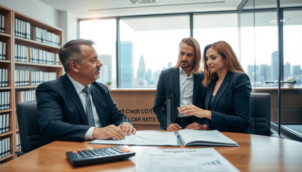 A professional bank office interior, focusing on a financial advisor discussing car loans with a couple. The foreground features a table with financial documents and a calculator, symbolizing bank credit discussions. In the middle ground, the couple, dressed in smart business attire, listens attentively as the advisor points to a chart illustrating Debt Service Ratio (DSR) and debt-to-income ratio metrics, demonstrating how unpaid car loans affect bank lending decisions. The background includes shelves filled with financial books and a large window showing a city skyline, providing a bright and optimistic atmosphere. Soft, natural lighting filters through the window, enhancing a sense of professionalism and trust. The overall mood is serious yet hopeful, reflecting the importance of financial literacy and responsibility in banking. A professional bank office interior, focusing on a financial advisor discussing car loans with a couple. The foreground features a table with financial documents and a calculator, symbolizing bank credit discussions. In the middle ground, the couple, dressed in smart business attire, listens attentively as the advisor points to a chart illustrating Debt Service Ratio (DSR) and debt-to-income ratio metrics, demonstrating how unpaid car loans affect bank lending decisions. The background includes shelves filled with financial books and a large window showing a city skyline, providing a bright and optimistic atmosphere. Soft, natural lighting filters through the window, enhancing a sense of professionalism and trust. The overall mood is serious yet hopeful, reflecting the importance of financial literacy and responsibility in banking.
