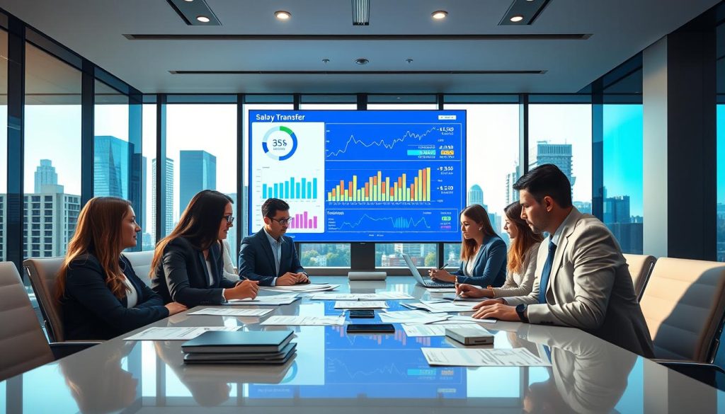 A professional bank office scene illustrating the connection between salary transfer accounts and loan approval processes. In the foreground, a diverse group of business professionals in formal attire analyze financial documents and graphs on a sleek conference table. The middle layer features a large digital screen displaying graphs and statistics related to salary transfers and loan metrics, incorporating vibrant colors for clarity. In the background, large windows offer a view of a modern city skyline, with soft natural light flooding the room, creating a productive atmosphere. The mood is focused and collaborative, emphasizing the importance of financial relationships in a corporate environment. Use a wide-angle lens perspective to capture the entire setting, enhancing the dynamics among the professionals at work.