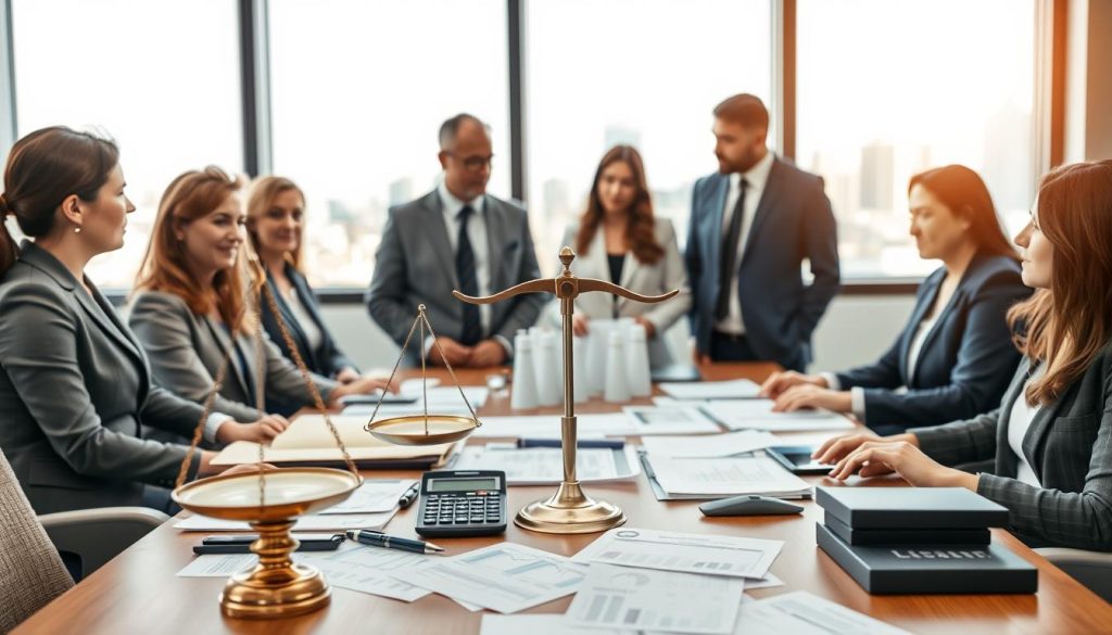 A professional bank office scene in the foreground, featuring a diverse group of individuals in smart business attire, engaged in a discussion around a table scattered with financial documents. In the middle ground, prominently display symbols of loan conditions, such as a balanced scale representing income and debt, along with calculator and charts demonstrating financial stability. The background includes a large window with natural daylight streaming in, illuminating a city skyline, creating a sense of optimism and professionalism. The overall mood is serious yet collaborative, reflecting the importance of understanding loan evaluation criteria. Use a soft focus on the background to emphasize the main subjects. The image should have a warm color palette to convey a welcoming yet professional atmosphere.