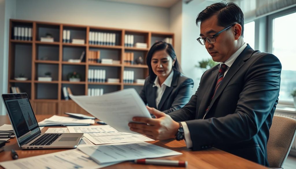 A professional bank office setting, focusing on a meeting between a bank officer and a client reviewing financial documents. In the foreground, a well-dressed, Asian bank officer, wearing a business suit, is attentively examining a loan application and highlighting key points with a pen. The client, a middle-aged person in smart casual attire, appears engaged and slightly anxious, looking at the documents with concern. In the middle ground, a large desk is cluttered with financial reports and a laptop displaying graphs. The background features shelves filled with banking books and a window letting in soft, natural light that creates a warm, serious atmosphere, emphasizing the importance of financial scrutiny and preparation. The camera angle is slightly tilted downwards, focusing on their interaction. A professional bank office setting, focusing on a meeting between a bank officer and a client reviewing financial documents. In the foreground, a well-dressed, Asian bank officer, wearing a business suit, is attentively examining a loan application and highlighting key points with a pen. The client, a middle-aged person in smart casual attire, appears engaged and slightly anxious, looking at the documents with concern. In the middle ground, a large desk is cluttered with financial reports and a laptop displaying graphs. The background features shelves filled with banking books and a window letting in soft, natural light that creates a warm, serious atmosphere, emphasizing the importance of financial scrutiny and preparation. The camera angle is slightly tilted downwards, focusing on their interaction.