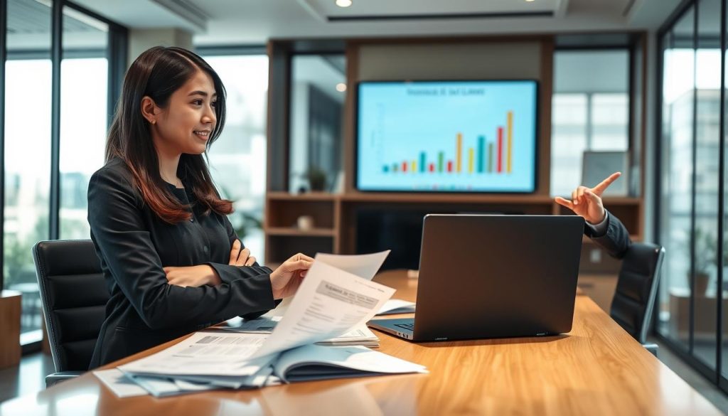 A professional banking office scene, focusing on a confident Asian businesswoman in professional attire, standing at a modern desk with financial documents and a laptop open. She is discussing various unsecured loan options with a financial advisor, who is gesturing towards a chart displayed on the screen. In the background, large windows let in natural light, illuminating the room's sleek design with wooden and glass elements. The atmosphere is collaborative and optimistic, conveying the potential of financial solutions without collateral. The image should have a balanced composition, with a shallow depth of field to keep the focus on the two professionals while softly blurring the background elements, creating an engaging and polished look. A professional banking office scene, focusing on a confident Asian businesswoman in professional attire, standing at a modern desk with financial documents and a laptop open. She is discussing various unsecured loan options with a financial advisor, who is gesturing towards a chart displayed on the screen. In the background, large windows let in natural light, illuminating the room's sleek design with wooden and glass elements. The atmosphere is collaborative and optimistic, conveying the potential of financial solutions without collateral. The image should have a balanced composition, with a shallow depth of field to keep the focus on the two professionals while softly blurring the background elements, creating an engaging and polished look.