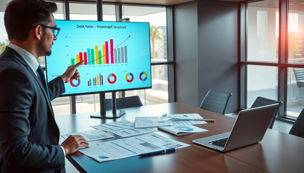 A professional business analyst examining a colorful infographic that illustrates the correlation threshold between debt ratio and debt structure. In the foreground, the analyst, dressed in smart business attire, points at a digital screen displaying bar graphs and pie charts related to financial data. In the middle ground, various financial documents and a laptop can be seen spread across a modern conference table. The background features a sleek office environment with large windows allowing natural light to stream in, creating an energetic yet focused atmosphere. The scene is well-lit with a soft glow, emphasizing the importance of the financial concepts being discussed and the professional environment. The overall mood is serious, highlighting the implications of debt management in financial decision-making. A professional business analyst examining a colorful infographic that illustrates the correlation threshold between debt ratio and debt structure. In the foreground, the analyst, dressed in smart business attire, points at a digital screen displaying bar graphs and pie charts related to financial data. In the middle ground, various financial documents and a laptop can be seen spread across a modern conference table. The background features a sleek office environment with large windows allowing natural light to stream in, creating an energetic yet focused atmosphere. The scene is well-lit with a soft glow, emphasizing the importance of the financial concepts being discussed and the professional environment. The overall mood is serious, highlighting the implications of debt management in financial decision-making.