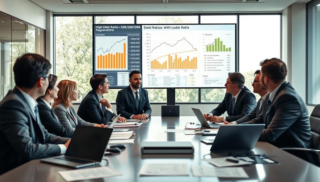 A professional business meeting focused on high debt ratios and DSR/DBR regulations. In the foreground, a diverse group of business professionals, dressed in smart suits, are discussing financial charts and graphs displayed on a large screen, illustrating debt levels and lending criteria. The middle ground features a sleek conference table cluttered with documents and laptops, highlighting data analysis. The background shows a modern office setting with large windows letting in soft natural light, creating an inviting yet serious atmosphere. The composition captures a sense of urgency and professionalism, with a focus on clear communication and teamwork in addressing financial challenges. The image should evoke a mood of determination and insight, emphasizing the importance of understanding debt management.