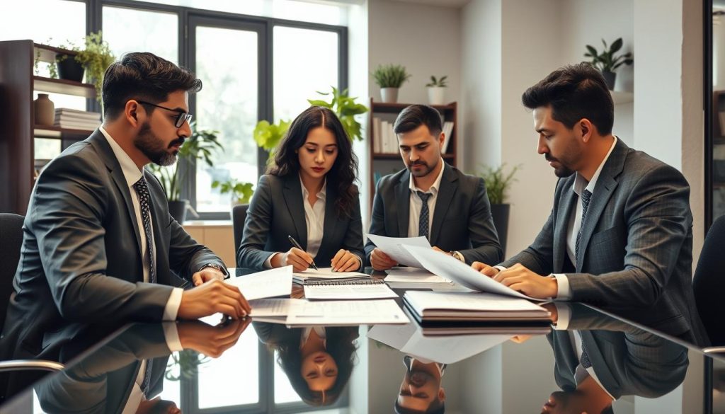 A professional business meeting scene set in a modern office environment. In the foreground, a diverse group of four business professionals, dressed in formal attire, are engaged in a discussion around a glass conference table, examining financial documents. The middle ground features a large window with natural sunlight streaming in, illuminating the room and creating a warm, productive atmosphere. In the background, shelves filled with books and plants suggest an intelligent workspace. The mood is serious yet collaborative, emphasizing critical analysis and decision-making regarding loan approvals. The image is captured with a slight tilt to create dynamic tension, using soft focus on the background elements for depth. A professional business meeting scene set in a modern office environment. In the foreground, a diverse group of four business professionals, dressed in formal attire, are engaged in a discussion around a glass conference table, examining financial documents. The middle ground features a large window with natural sunlight streaming in, illuminating the room and creating a warm, productive atmosphere. In the background, shelves filled with books and plants suggest an intelligent workspace. The mood is serious yet collaborative, emphasizing critical analysis and decision-making regarding loan approvals. The image is captured with a slight tilt to create dynamic tension, using soft focus on the background elements for depth.